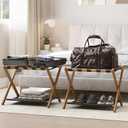 2 Pack Luggage Rack, Folding Luggage Rack for Guest Room, Walnut Bamboo Suitcase Stand Holds up to 131 lb, Luggage Stand with Storage Shelf for Hotel, Bedroom