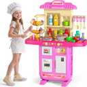 Play Kitchen Playset, Girls Kitchen Toys for Ages 2-6 4-8 with Light, Sound and Spraying, Sink Toy Accessories, Cooking Stoves, Pretend Food for Toddlers 1-3 3-5