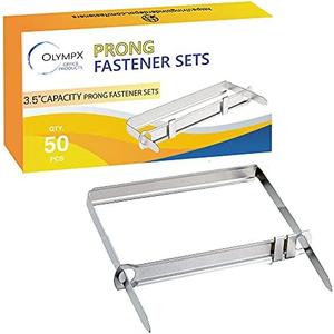 OLYMPX 50 Pcs of 3.5” Capacity Premium Metal Prong Paper Fastener Complete Set, 2.75 Inch Base with Standard 2-Hole Punch Compressor for Paper File Folder, 50 per Box