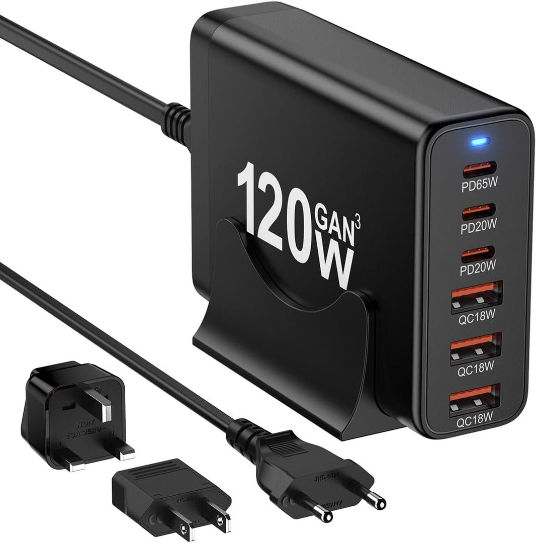 European USB C Charger Station Fast Charging Hub Europe Travel Power Adapter Multiple 6 Multi Port 120W GaN PD QC Block EU UK US Plug for Apple iPhone Samsung Pixel 65W Laptop MacBook Pro Air Surface
