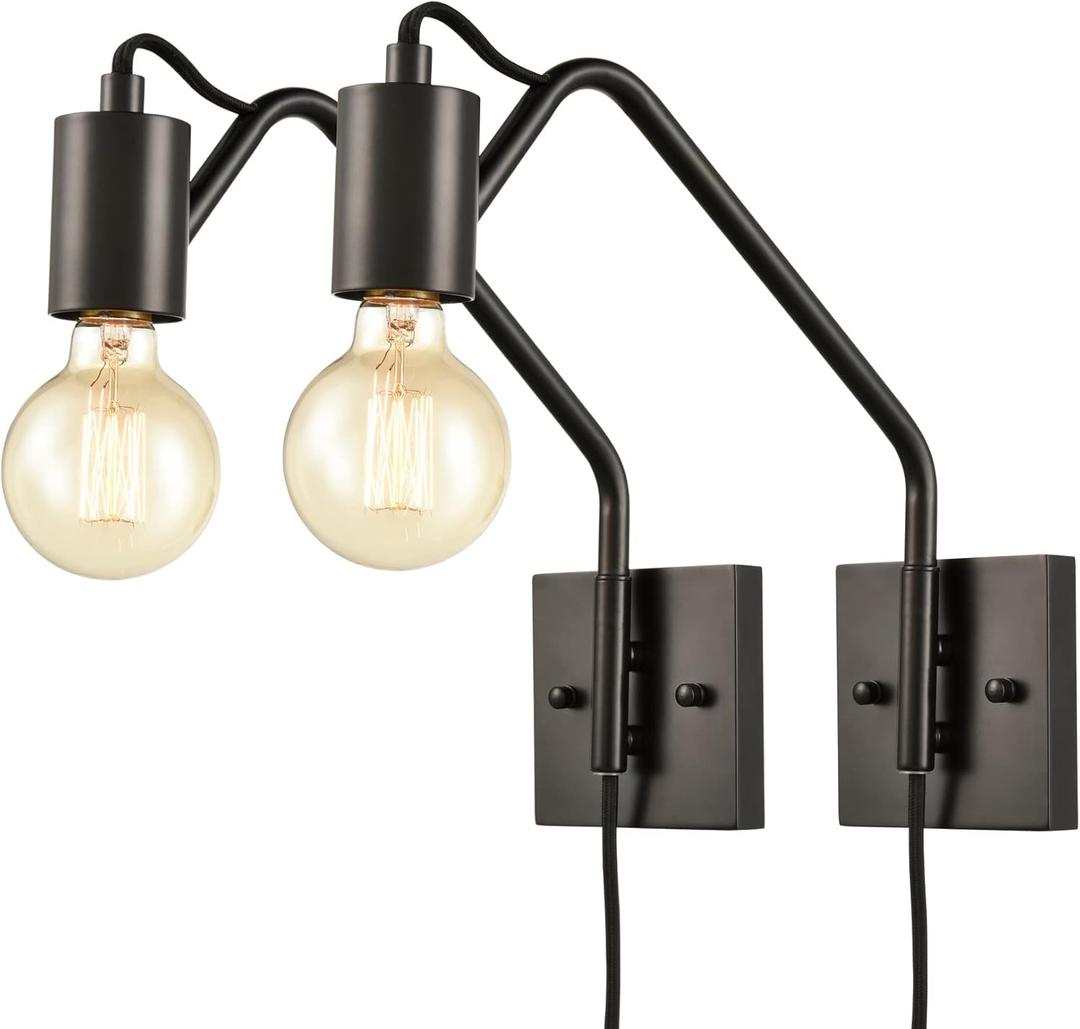DAYCENT Farmhouse Plug-in Wall Sconces Set of Two Black Sconces Wall Lighting Swing Arm Wall Lamp with On Off Switch Wall Light Fixture for Bedroom Living Room