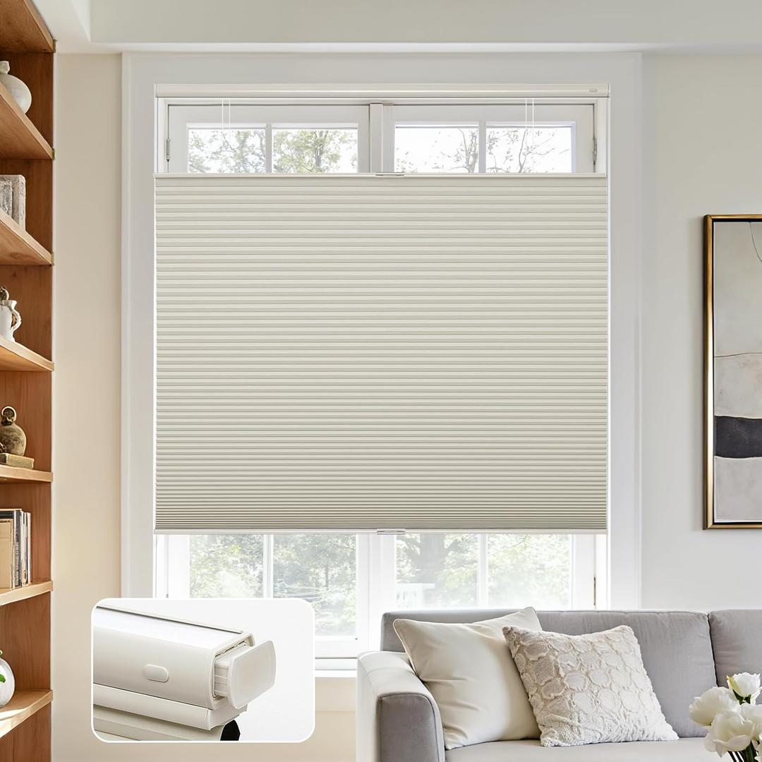 Joydeco No Tools No Drill Blinds for Indoor Windows, Cordless Window Blinds Cellular Shades Top Down Bottom Up Blackout Honeycomb Blinds Thermal Insulated Noise Reduction (Beige, 22" W x 64" H)