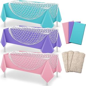 Unittype 6 Pcs Fish Net Decorative and Tablecloth Set, Cotton Fishnet and Plastic Table Cover Decorations Set for Nautical Themed Party Baby Shower Pirate Decorations Mermaid Party (Fresh Color)