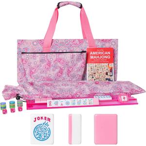 American Mahjong Game Set, 166 Pink Tiles (1.2"), 4 All-in-One Color Rack/Pushers & Drawstring Bag, Complete Mahjong Sets with Pink Printed Carrying Bag and Mahjong Tile Set Accessories
