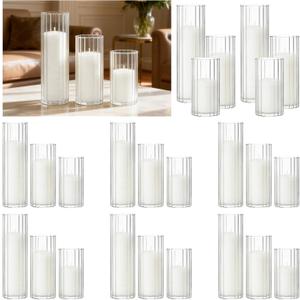 48 PCS White Pillar Candles and Ribbed Glass Cylinder Vases, 24+24