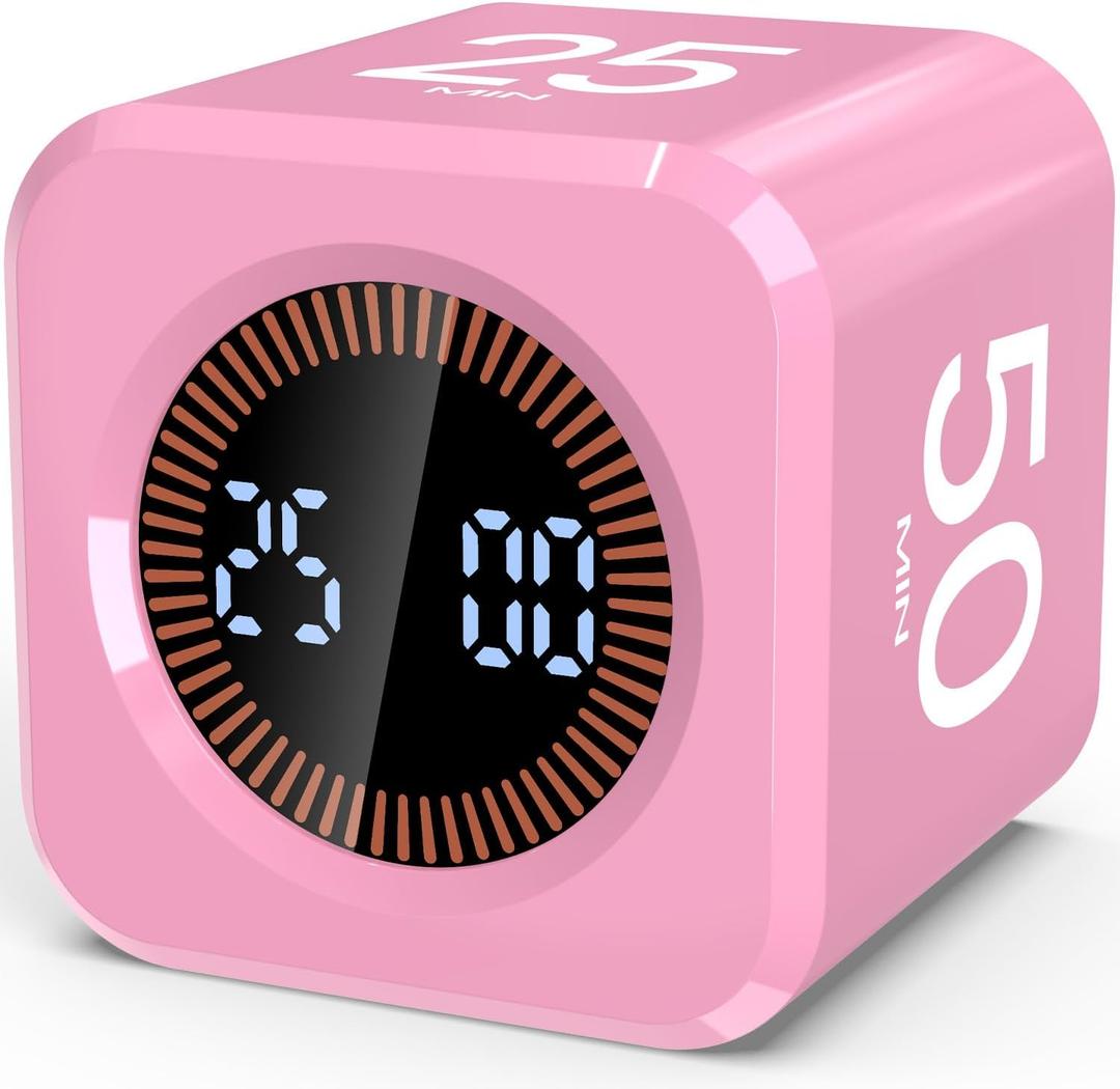 Digital Pomodoro Timer Cube 5/10/25/50min, Visual Productivity Flip Timer for Kids Classroom Desk, Custom Countdown, Silent and Sound Mode for ADHD Study Work Game Kitchen (Pink)