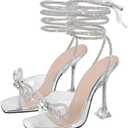 sexytag Clear Heels Diamante Bow Heels Lace Up Strap Rhinestone Sparkly Stiletto Heel Sandals (11, Silver)