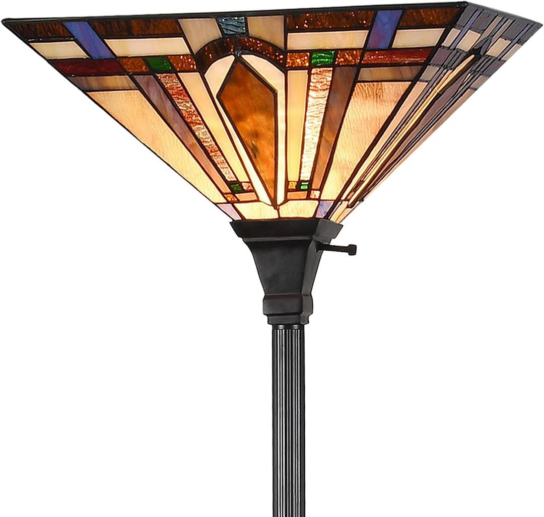 Tiffany Style Torchiere Floor Lamp Mission Stained Glass Shade 12"x 69" Tall Pole Vintage Antique Reading Light Fixture for Living Room Bedroom