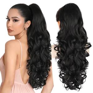 ALXNAN Ponytail Extension,24 Inch Claw Clip in Long Curly Wavy Black Ponytail Hair Extension Jaw Clip on Pony Tails Hairpiece for Women