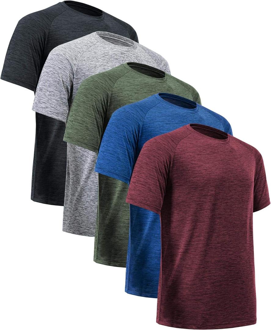Workout Shirts for Men Short Sleeve Quick Dry Athletic Gym Active T Shirt Moisture Wicking Large, 5 Pack Black, Dark Grey, Dark Blue, Wine Red, Army Green