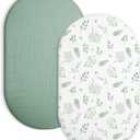 Bassinet Sheet for Baby Boy and Girl 2 Pack, Fitted Sheets for Rectangle, Oval, Hourglass Bassinet Mattress, Muslin Moses Basket Sheets with Neutral Style (Fern Leaf & Sage)