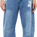 Allimy Womens High Waisted Barrel Horseshoe Baggy Jeans Trendy 2026 with Raw Hem Non Stretch (Blue, L)