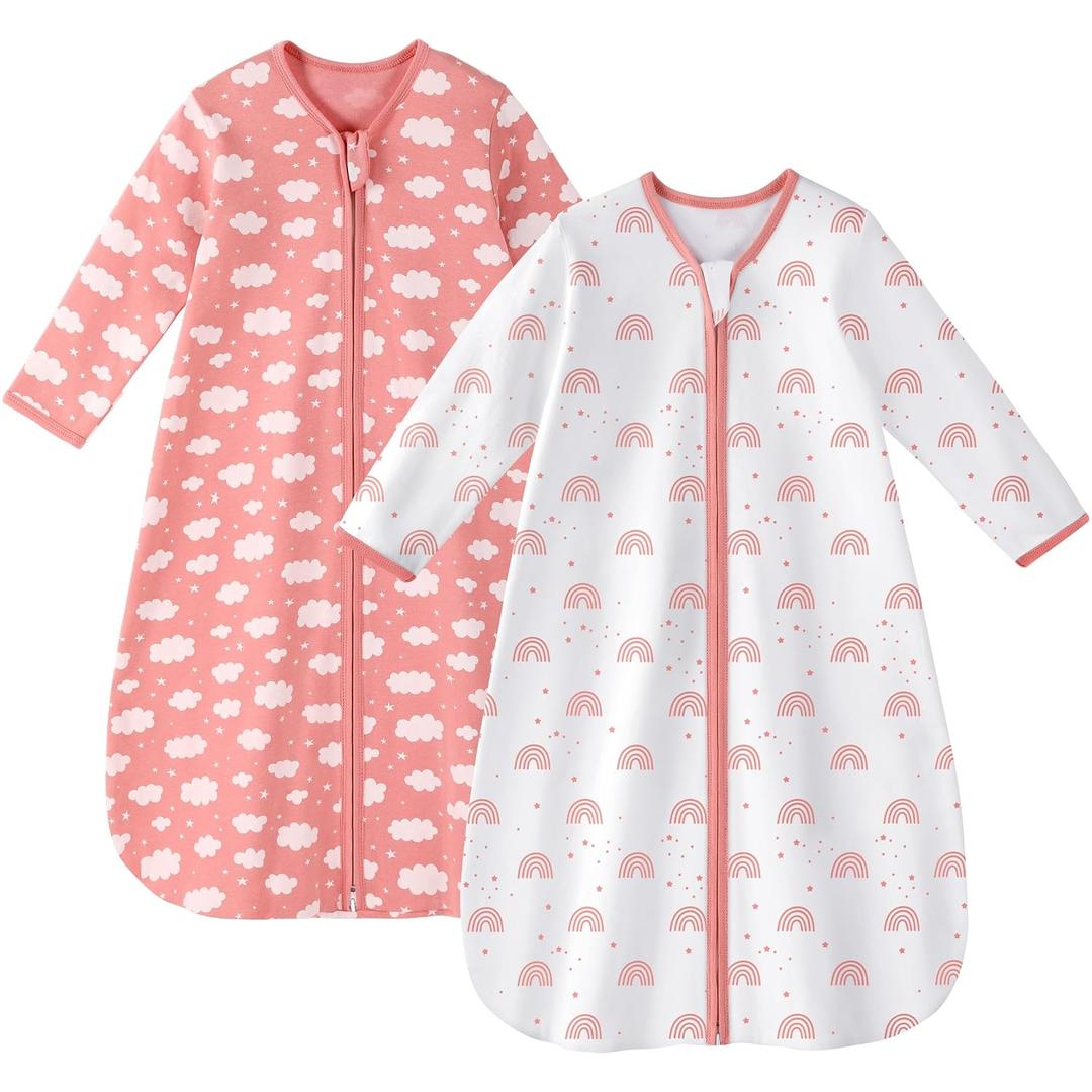 Unnivoll Baby Sleep Sack 18-24 Months 100% Cotton Long Sleeve Wearable Blanket Baby Sleep Bag with 2-Way Zipper 2 Pack 0.5 Tog Sleeping Sack for Newborn Infant White Pink