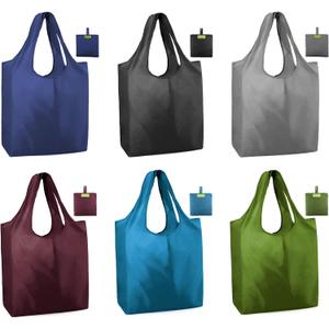 BeeGreen Reusable Bags Tote Bags for Women - 6 Pack Bulk Extra Large Reusable Gifts Bag with Handles - Heavy Duty Foldable Machine Washable Travel Grocery Bag Organizer (Packable Shopping Bags) (Black, Blue, Navy, Green, Gray, Burgundy)
