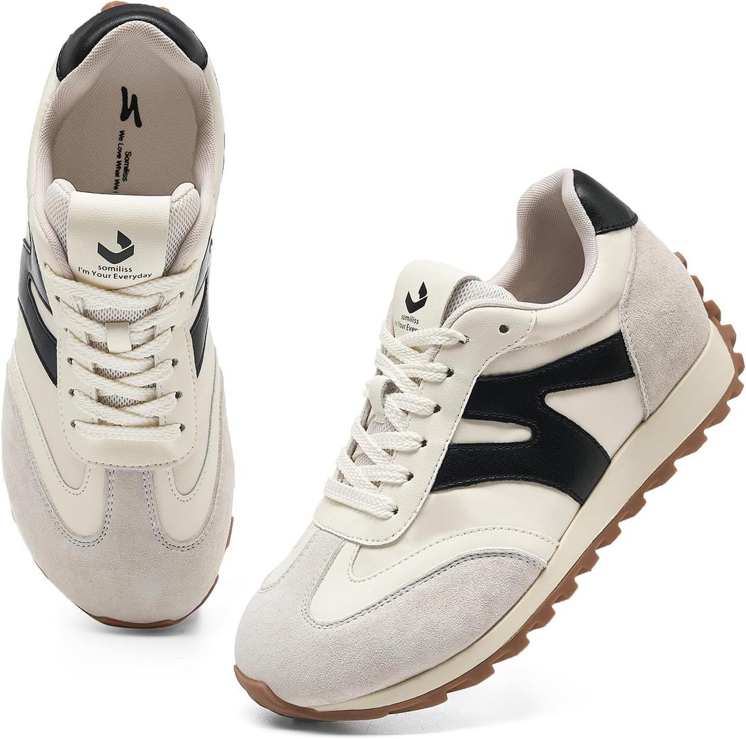 somiliss Wide Toe Sneakers for Women Breathable Fabric Leather Suede Upper Non-Slip PU TPR Outsole Walking Shoes Tennis Running Fashion Sneakers (6.5 Wide, Black)