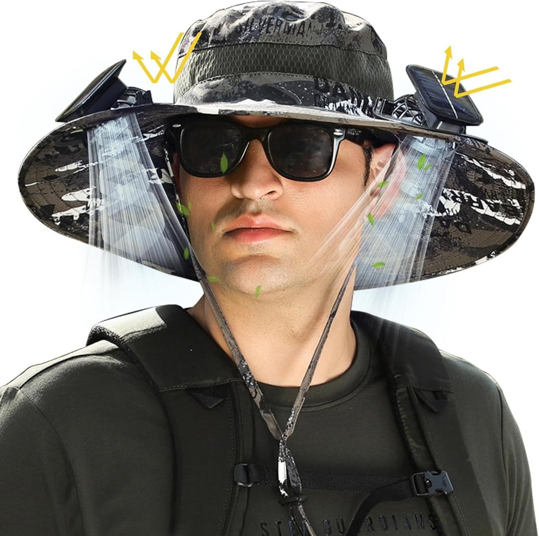 Hat with Fan,Solar Fan Hat,Wide Brim Sun Ha-t with 2 Solar Fan,for Outdoor Fishing,Waterproof Outdoor Hiking Camping Fishing(Black and White) (Green)