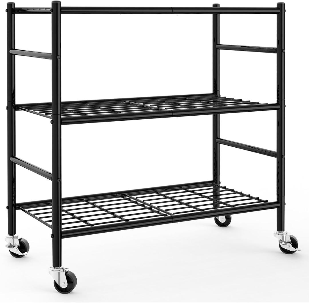 Sakugi Storage Shelves Organizer - 3 Tier Metal Shelf Organizer with Metal Wheels and Adjustable Leveling Feet, Heavy Duty Garage Shelving for Kitchen, Pantry and Closet, 33.1"x12.6"x32.5", Black