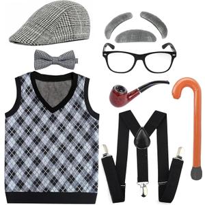 Kids 100 Days School Old Man Costumes Halloween Costume Dress up Outfit Accessories (8-10Year, Black)