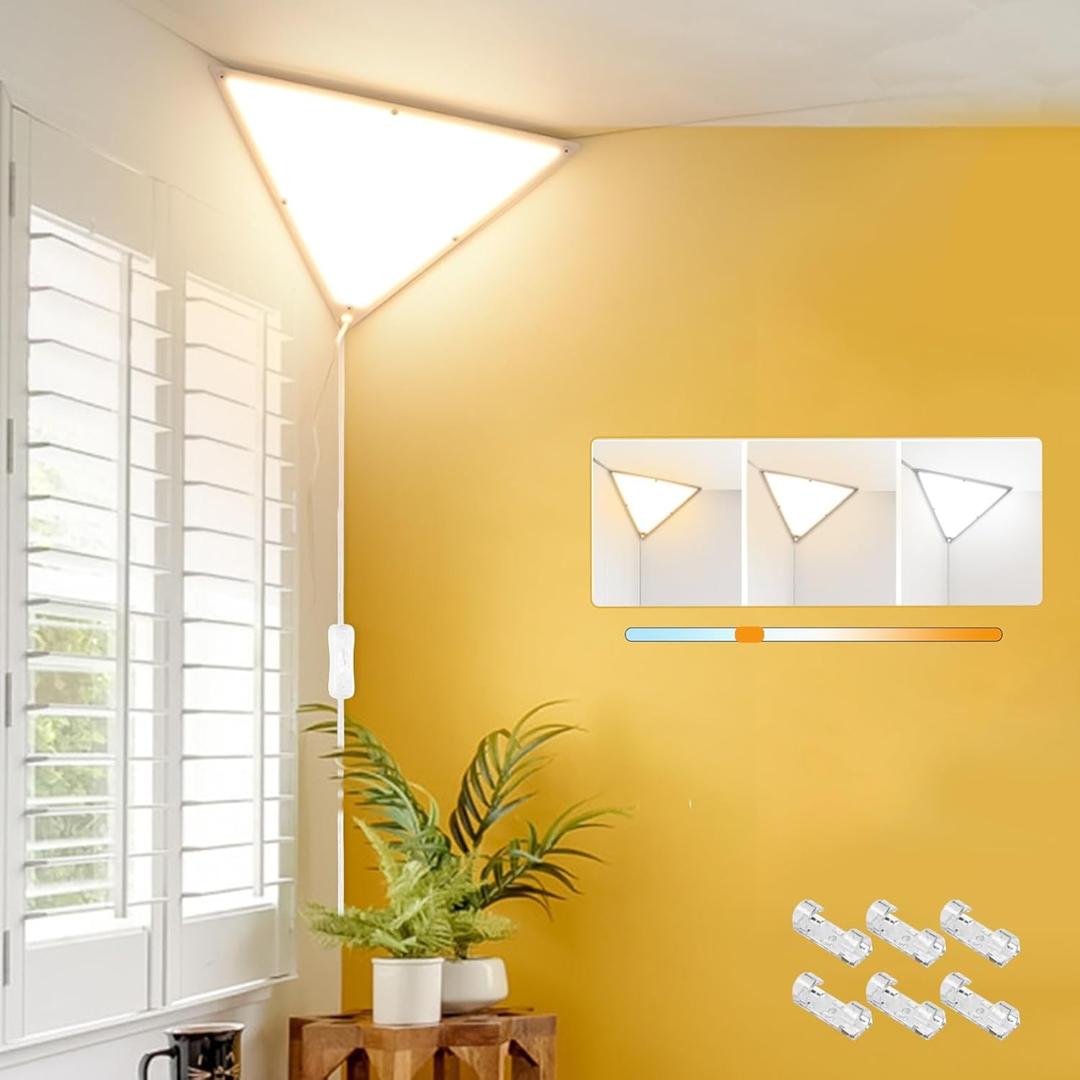 Upgraded Corner Light, 22W 2000LM LED Corner Lights for Living Room, 3000K/4000K/6000K Plug in Ceiling Lights with Switch, Lamp for Bedroom, Triangle Shape (No Remote)