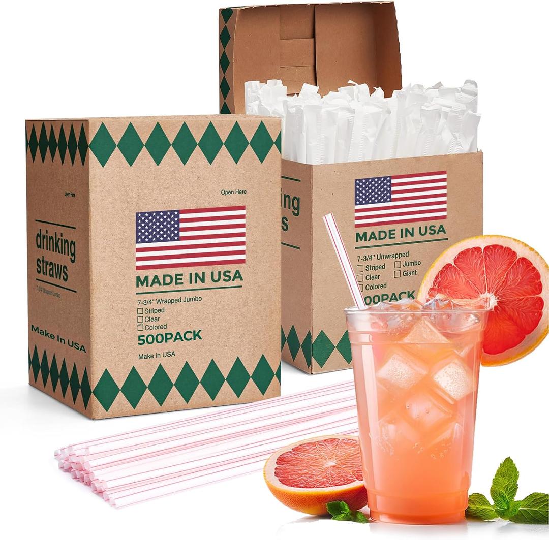 Glotoch Express 1000 PCS Individually Wrapped Plastic Straws, 7.75'' Long, 0.24'' Diameter Disposable Drinking Straws for Every Occasion, Party, Made in USA (White & Red Stripes)