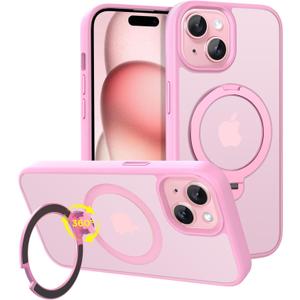 CACOE Magnetic Case for iPhone 15 6.1 inch with 360 Rotatable Ring Stand, Compatible with MagSafe Car Phone Mount, iPhone 15 Cases Cover Phone Holder for Desk Meeting/Videos Pink