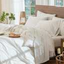 MooMee Striped Sheet Set 100% Washed Cotton Linen Like Textured Breathable Durable Soft Comfy (White Tannish Linen Grey Wide Stripes, Queen)