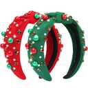 2 Pcs Christmas Headband for Women Pearl Knotted Headband Red Green Pearl Rhinestone Crystal Jeweled Hairbands Fashion Ladies Hair Band Hair Hoop Accessories Holiday Outfits Headpiece (Red and Green)