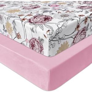 AMROSE 2 Pack Microfleece Crib Sheets, 28'' X 52'' Flannel Fleece Crib Fitted Sheets for Crib and Toddler Mattress Pad, Soft Comfy Warm Crib Sheets for Girls, Floral