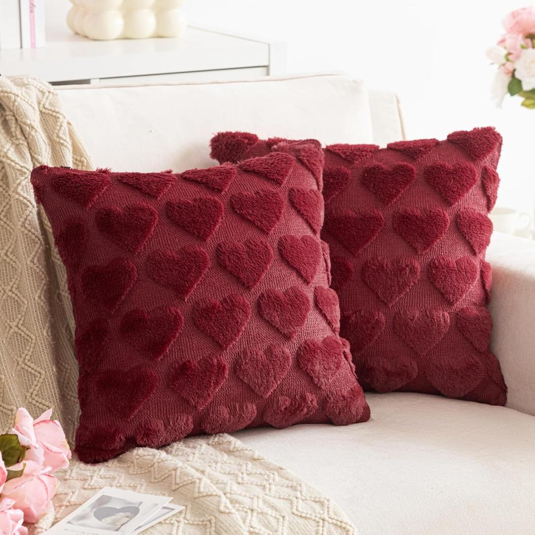 AQOTHES Wine Red Valentines Throw Pillow Covers 18x18 inch Set of 2 Valentine's Day Decor Faux Fur Love Heart Throw Pillows for Sofa Couch Living Room Holiday Festivals Decoration