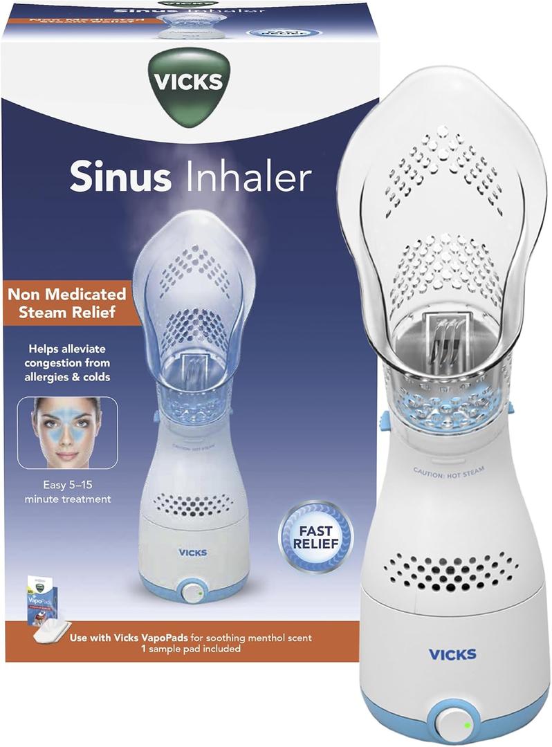 Vicks Sinus Inhaler - Non-Medicated Steam Relief for Allergies, Congestion, Cough & Colds, Vocal Steamer, Soothes Nasal & Throat Passages, Works with Vapo Pads (1 Included)