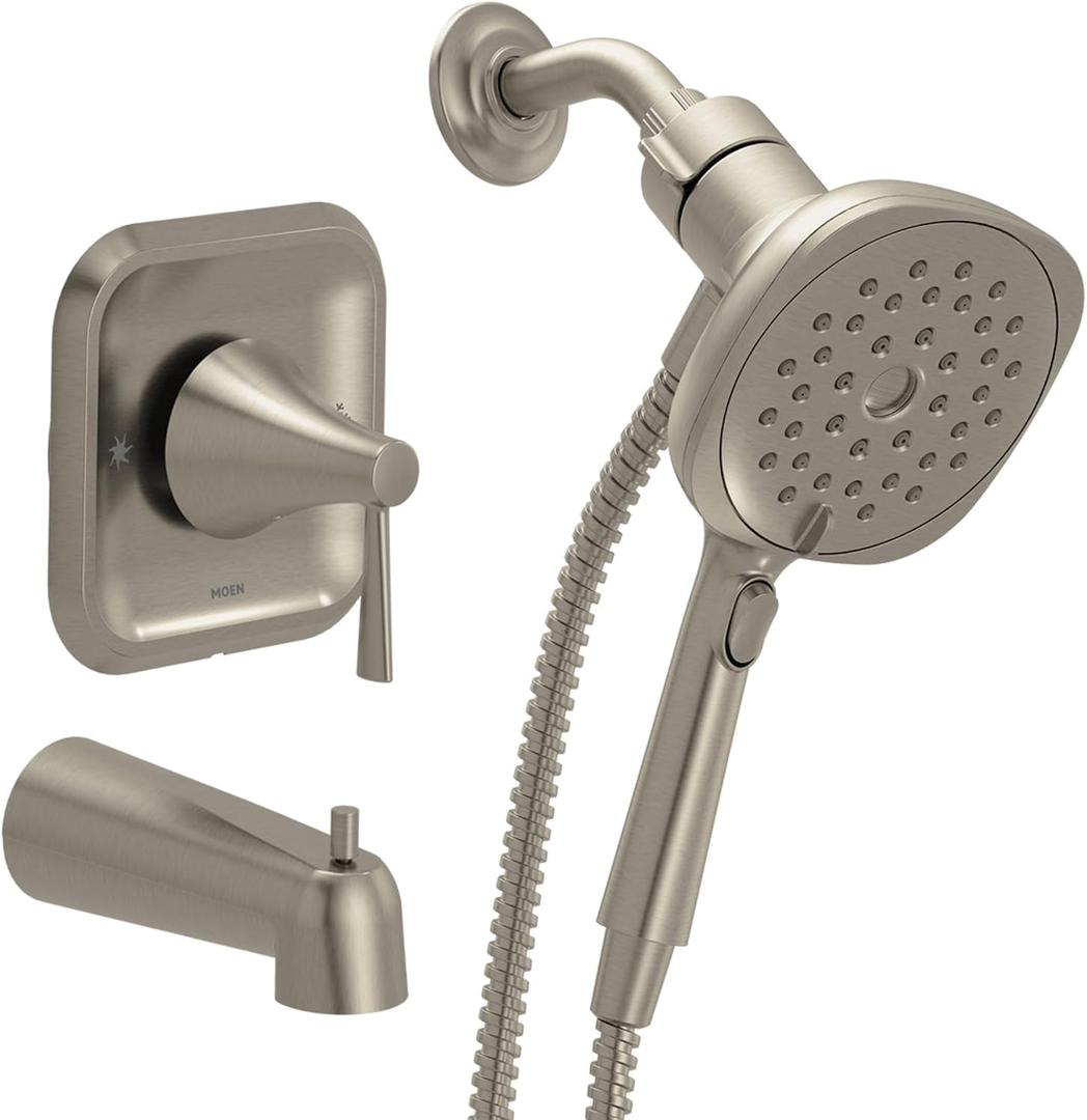 Moen Ronan Spot Resist Brushed Nickel Single-Handle Modern Tub and Shower Faucet with Square Handheld Rain Shower Spray Head Featuring Magnetix, Valve Included, 82022SRN