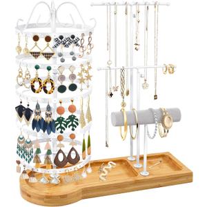 Jewelry Organizer Stand with Bamboo Base, Metal Rotating Earring Holder Organizer, Multi-Functional Adjustable Necklace Rack Holder Bracelet Watch Holder for Jewelry Earrings Ring
