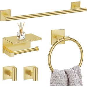 5 Pieces Brushed Gold Bathroom Hardware Set, SUS304 Stainless Steel Bathroom Accessories Set 23.6 inches Towel Bar, Toilet Paper Holder with Shelf, Towel Ring and Two Towel Hooks Wall-Mounted
