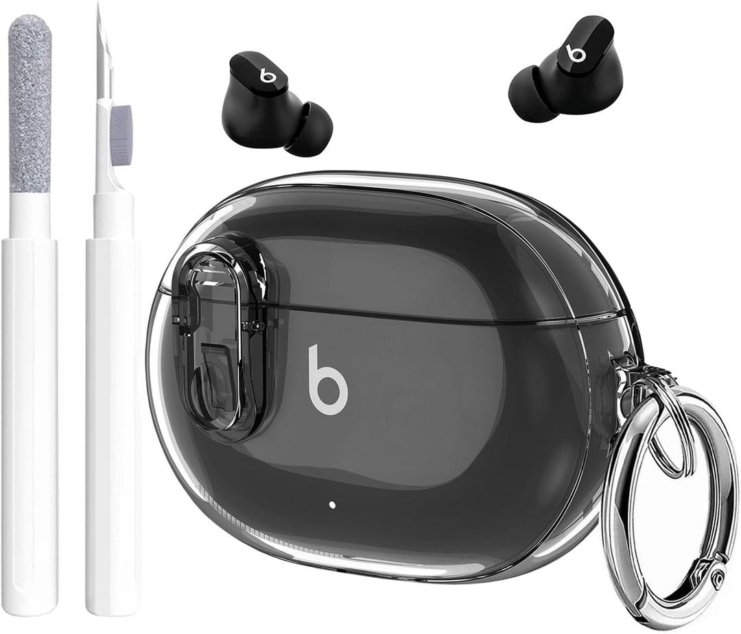 Beats Studio Buds/Studio Buds Plus Case Cover Clear 2021/2023 Men Lock Clip with Clean Kit, GARTOO Protective Case and Clean Pen Compatible with Beat Studio Bud Plus for Women Girls Kids Clear Black