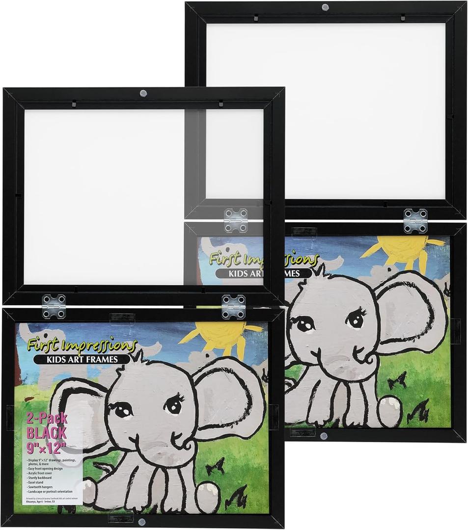 First Impressions Quick Change Art Frame - 9x12 Black, Pack of 2- Unique Front-Load, Hinged Artwork Frames for Young Artists - Horizontal/Vertical Display, Plexiglass made to last without yellowing