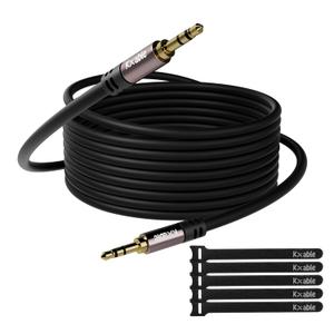 Kxable 3.5mm Auxiliary Audio Stereo Cable 50 Feet, Long Male to Male Aux Cord, Gold Plated Connectors, OFC Core, Black Cable (with 5 pcs Cable Ties) - 50ft