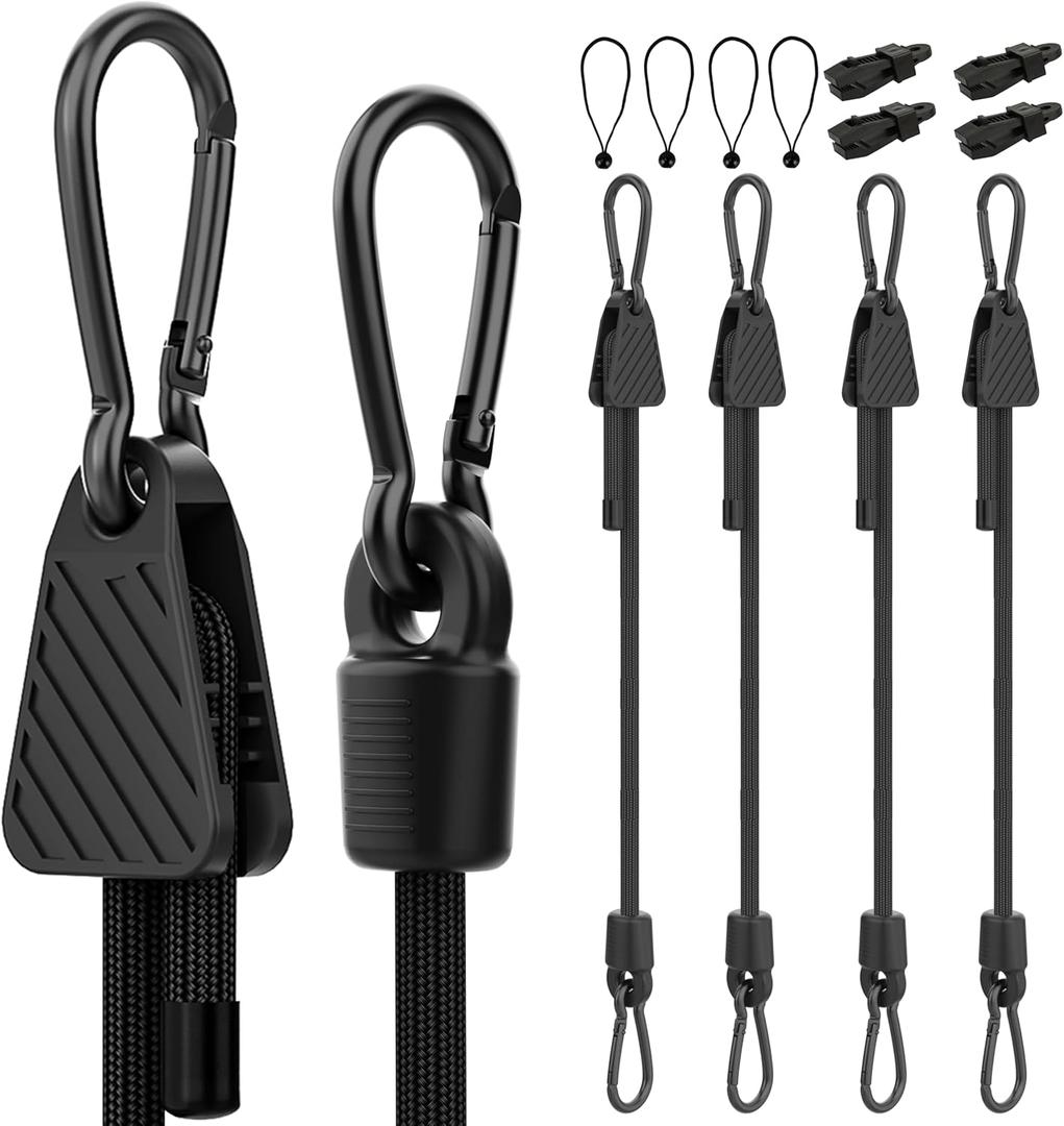 Rugtol Bungee Cords with Hooks, Upgrade 12pcs Assortment Heavy Duty Outdoor with 48'' Adjustable Bungee Cords Carabiner Black, 6'' Canopy Tarp Ball Ties and Tarp Clips for Tents, Cargo, Camping