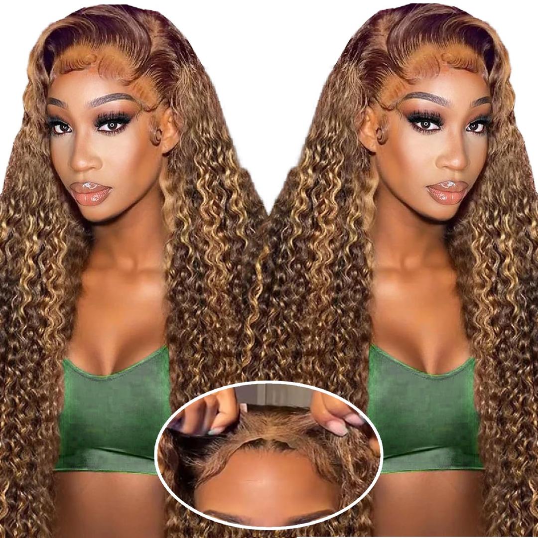 30inch Ombre Highlight Curly Lace Front Wig Human Hair 200% Density Highlight Deep Wave Wear and Go Glueless Wigs Human Hair Pre Plucked Pre Cut 7x5 Hd Curly Highlighted Wig Human Hair for Women (dark brown and blonde)