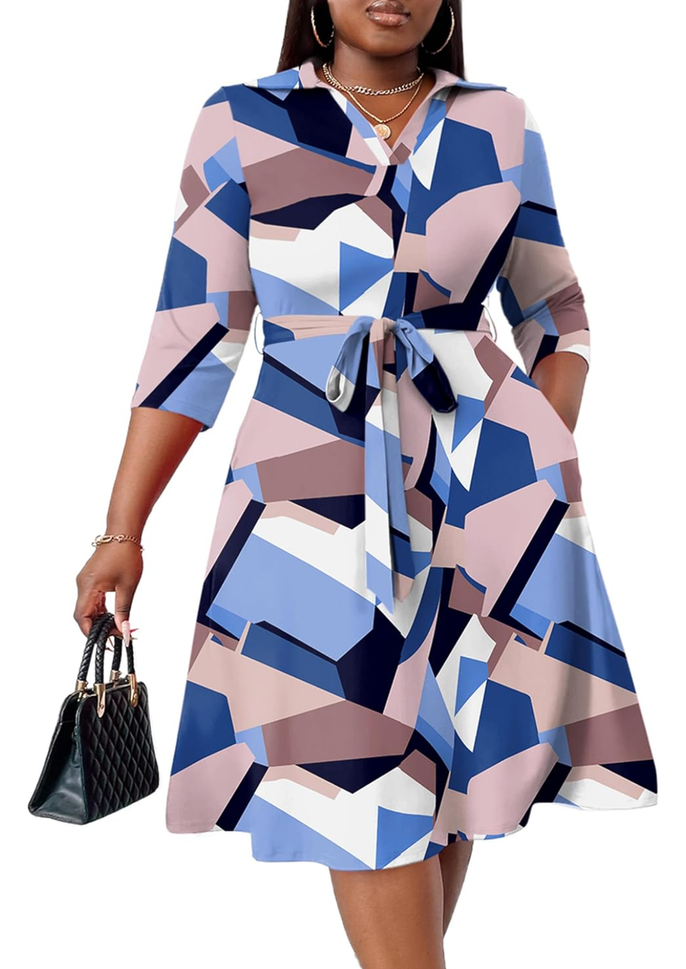 FANDEE Plus Size Midi Dress for Women - Printing Summer Dresses for Wedding Guest Cocktail Party 3/4 Sleeve V Neck, (XL-5XL）