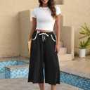 TARSE Linen Capri Pants for Women Drawstring Waist Loose Fit Casual Wide Leg Summer Beach Vacation Lounge Pants(Black,S) (Black, S)