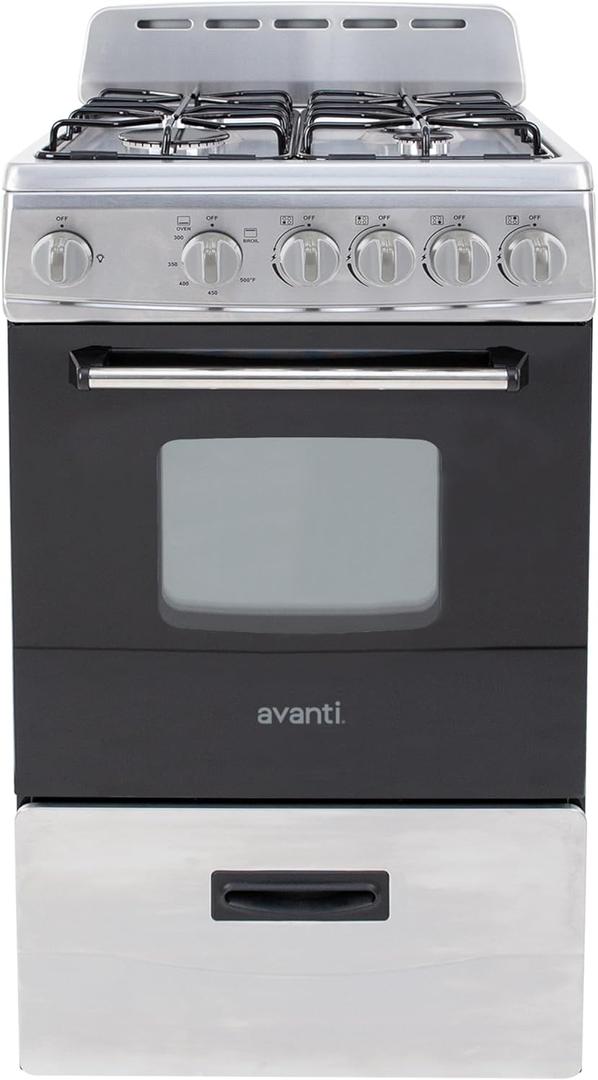 Avanti Gas Range Oven, Compact Freestanding Design, 4 Sealed Burners with Electronic Ignition, 2.1 Cu.Ft. Capacity Features Storage Drawer Broiler and Accessories, 20-Inch, Black