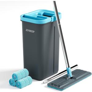 JOYMOOP Mop and Bucket Set with Wringer, with 3 Reusable Microfiber Mop Pads, Mops for Floor Cleaning and Wall Cleaning, Hands-Free Flat Mop for Home Use - Grey+Cyan Blue