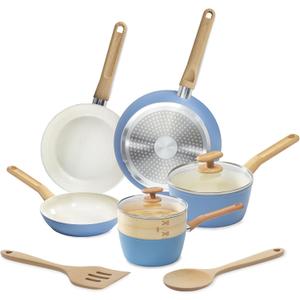 r GoodCook 10-Piece Healthy Ceramic Titanium-Infused Cookware Set, Light Blue Pots, Pans, Steamer, Spoon & Turner Induction Cookware, Kitchen Pots & Pans Set, Nonstick Cooking Pan Set, Light Blue