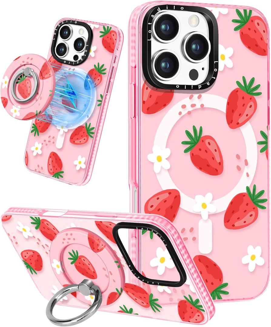 Cute Case for iPhone 16 Pro Max for Women Girls - Funny Strawberry Design Compatible with Magsafe Magnetic Ring Holder Kickstand Fashion TPU Phone Covers