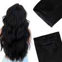 GOO GOO Invisi Edge Clip in Hair Extensions 16inch 130g 7Pcs Injected Seamless PU Clip in Hair Extensions, Virgin Real Human Hair, 1 Jet Black