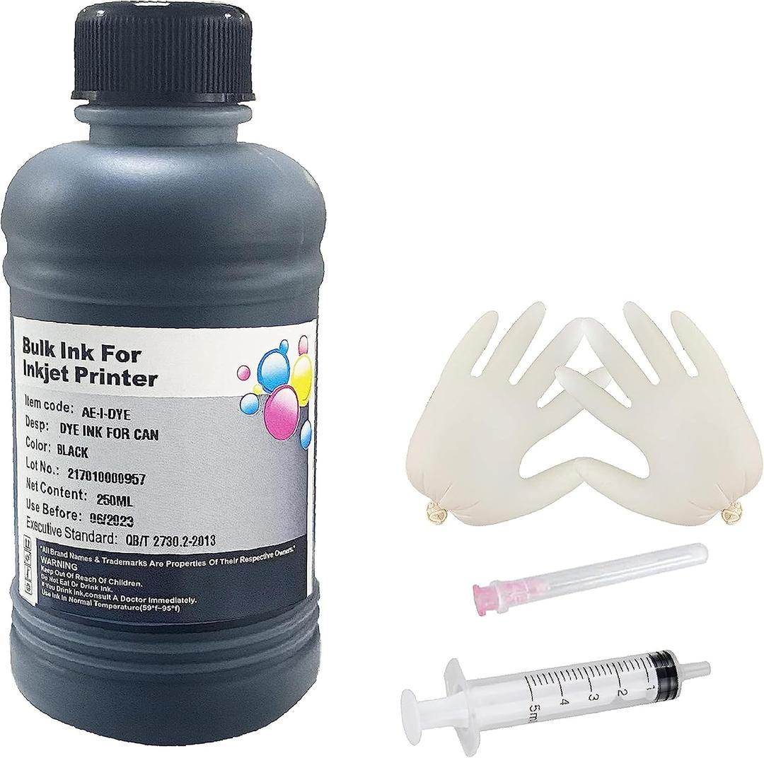 Replacement for Canon Black Ink Refill Ink Kit Dye Ink 250ml for Canon Inkjet Printers Refillable Cartridge CISS CIS System (9 oz) with Syringe & Glove