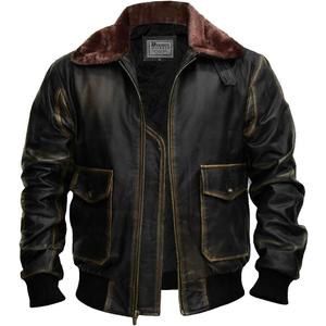 Mens G-1 Fur Collar US Navy Flight Distressed Brown Aviator Genuine Leather Jacket (Brown, M)