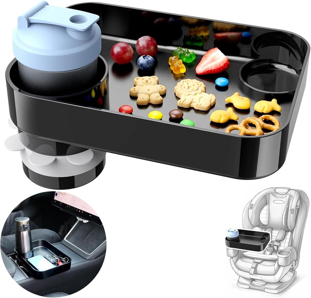 Car Seat Snack Tray for Kids, Mess-Free Square Travel Tray Cup Holder Snack Tray, Durable Car Food Tray for Toddlers, Universal Fit Kids Travel Road Trip Essentials (Black)