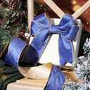 LaRibbons Velvet Ribbon Wired 2.5 Inch x 10 Yards, Dusk Blue and Gold for Christmas Tree, Gift Wrapping, Wreath Bow, Outdoor Decoration