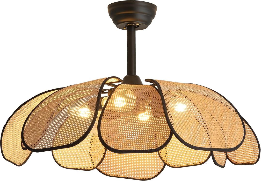 26 Inch Fandelier Rattan Ceiling Fans with Lights and Remote,Boho Black Chandelier Ceiling Fan for Dining Living Room,Bedroom,Kitchen,4-Light, Medium